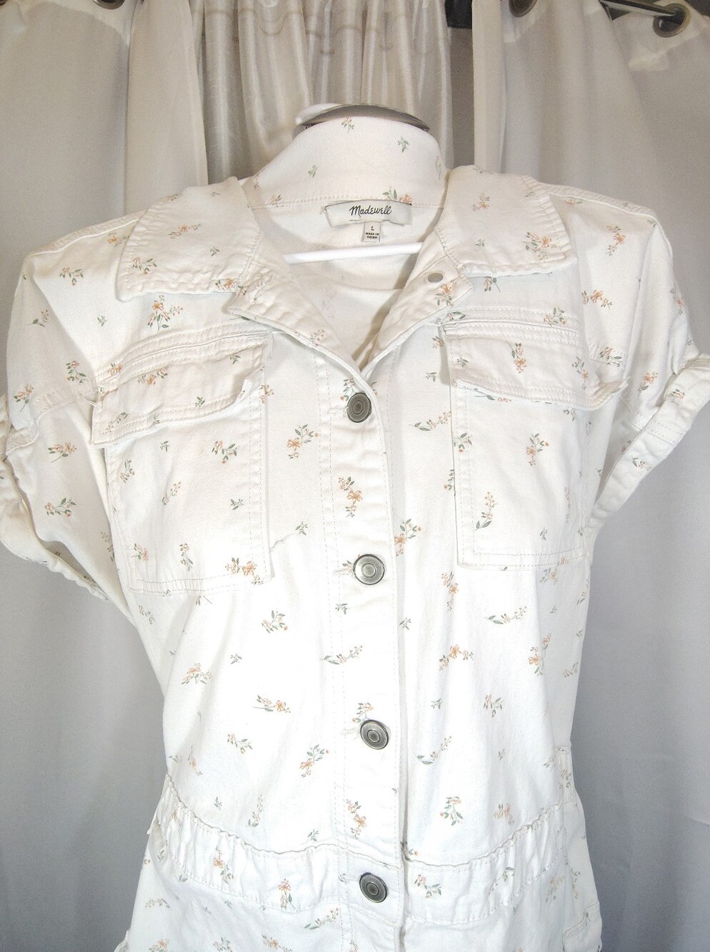 J Crew Romper, Women, Denim White Peach/Green Floral, BttnUp, Collar, Pockets, L - Picture 3 of 14